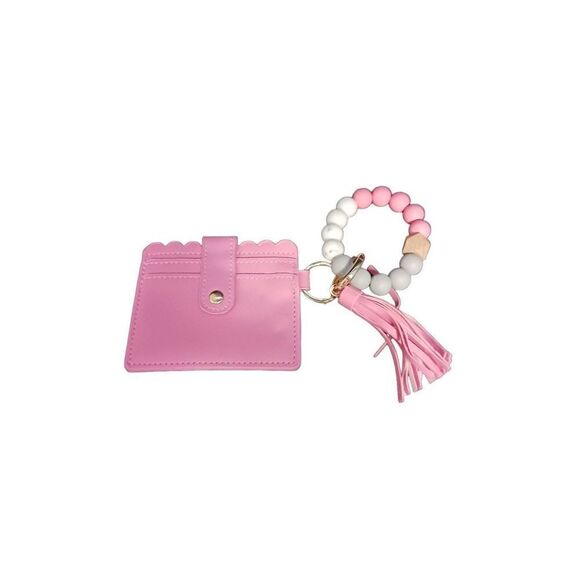 Keychain With Card Holder Beaded Bracelet Keychain Key Chain Tassel - Pink - Picture 1 of 2